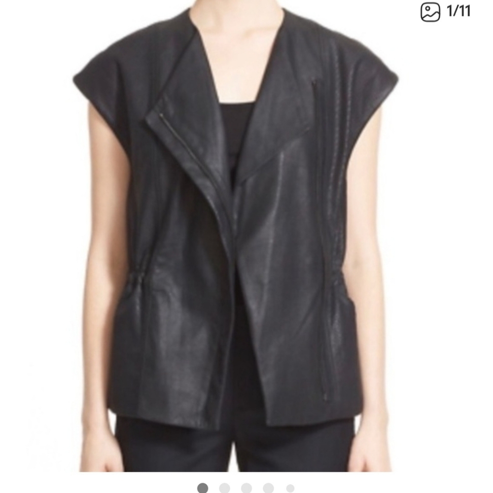 VINCE 100% Lamb Leather Black Perforated Asymmetrical Zipper Moto Vest Size XS
